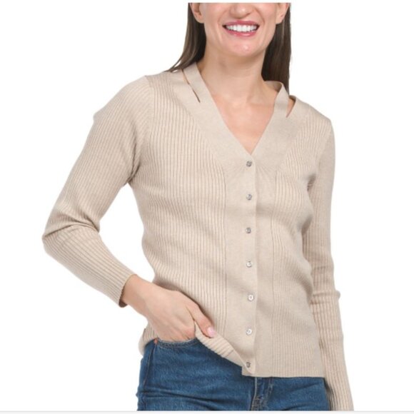 NWT CALVIN KLEIN Button Front Ribbed Cardigan with Slits Heather Latte Size M - Picture 1 of 12